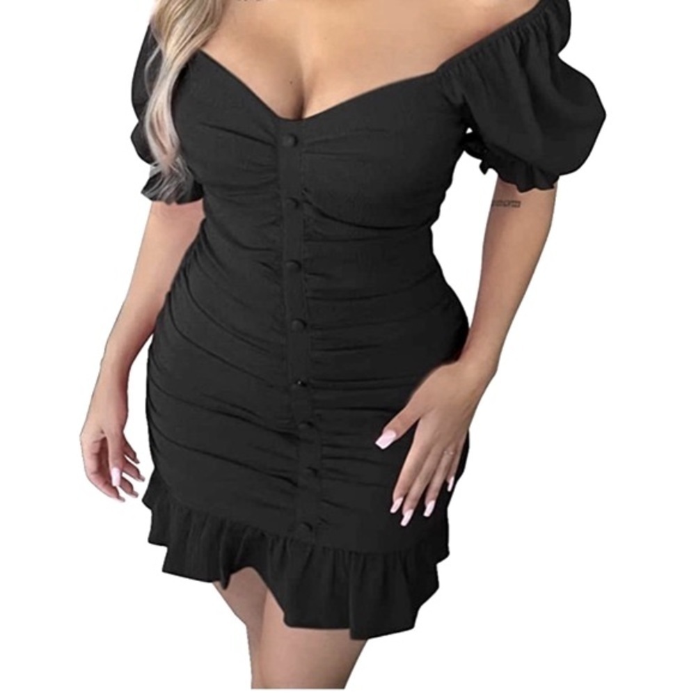 Cloud Ten Womens Sexy Short Sleeve‎ Ruched Button Down Front Ruffle Mini Dress M